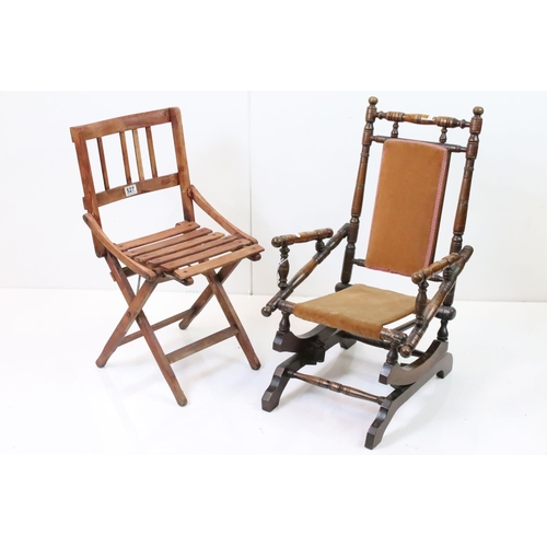 635 - Edwardian Child's American Rocking Chair (a/f), 42cm wide x 76cm high together with a Wooden Slatted... 