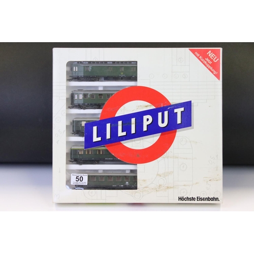 50 - Boxed Liliput HO gauge 835 Passenger Train pack of 5 x coaches in DB green livery plus a boxed Lilip... 