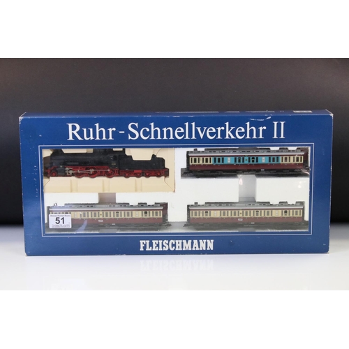 51 - Boxed Fleischmann HO gauge 4888 Ruhr Schnellverkehr II set complete with locomotive & 3 x coaches pl... 