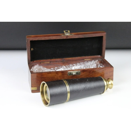 115 - Mid 20th century brass & leather four draw telescope, housed within a brass bound wooden case (teles... 