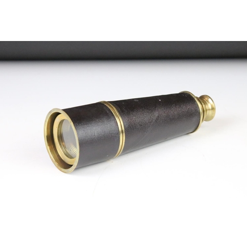 115 - Mid 20th century brass & leather four draw telescope, housed within a brass bound wooden case (teles... 