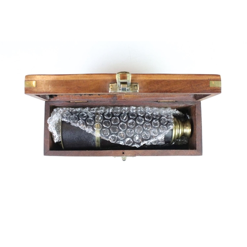 115 - Mid 20th century brass & leather four draw telescope, housed within a brass bound wooden case (teles... 