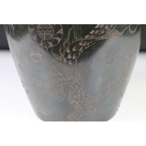 116 - WMF patinated metal ovoid vase with engraved dragon decoration, stamped mark to base, 30cm high, rai... 