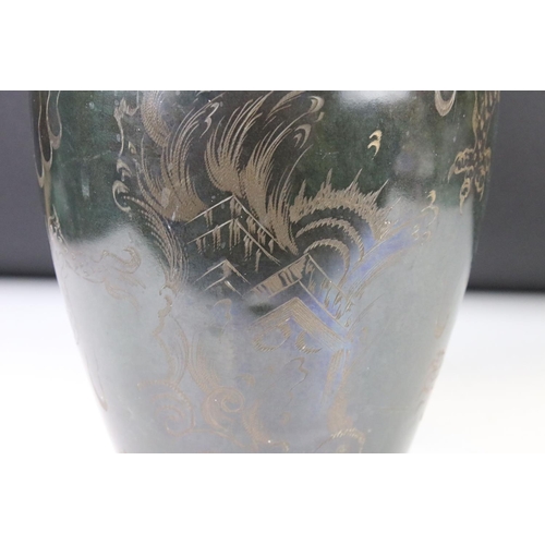 116 - WMF patinated metal ovoid vase with engraved dragon decoration, stamped mark to base, 30cm high, rai... 