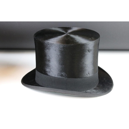 180 - Herbert Johnson, New Bond Street, black moleskin top hat, in leather case with carrying handle and l... 