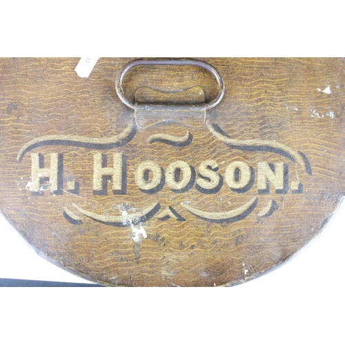 181 - Painted hat tin, with carrying handle, 'H. Hooson'