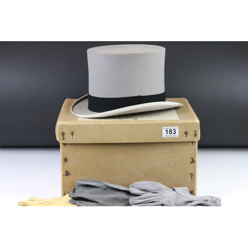 183 - Herbert Johnson, New Bond Street, grey top hat, in original box and three pairs of gloves