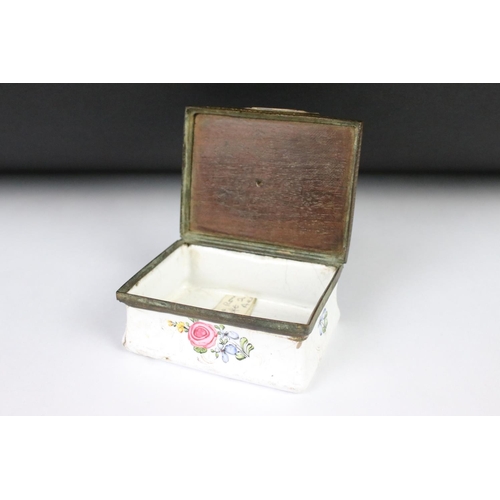 208 - An antique enamel trinket box with floral decoration an decoratively inlaid wooden lid, initialed I.... 