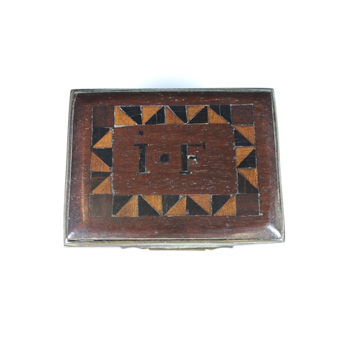 208 - An antique enamel trinket box with floral decoration an decoratively inlaid wooden lid, initialed I.... 