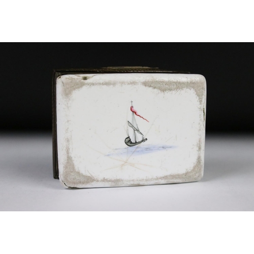 208 - An antique enamel trinket box with floral decoration an decoratively inlaid wooden lid, initialed I.... 