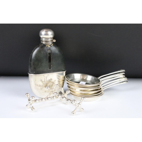 292 - A pair of silver plated knife rests together with a set of six Mappin & Webb condiment pans and a hi... 