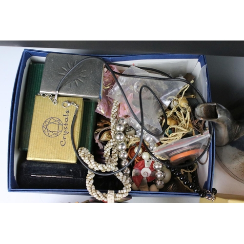 298 - A box of mixed collectables to include costume jewellery, cigar cutter, cigarette cards, silver plat... 