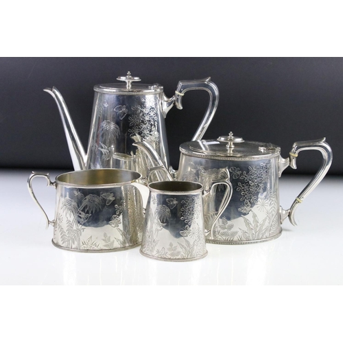 299 - An antique silver plated tea set to include teapot, water jug, cream jug and sugar bowl, all with fl... 