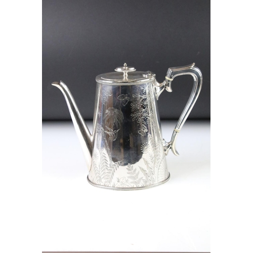 299 - An antique silver plated tea set to include teapot, water jug, cream jug and sugar bowl, all with fl... 