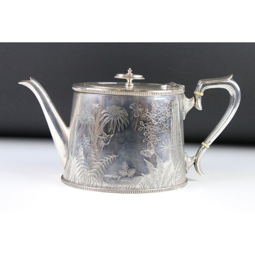 299 - An antique silver plated tea set to include teapot, water jug, cream jug and sugar bowl, all with fl... 