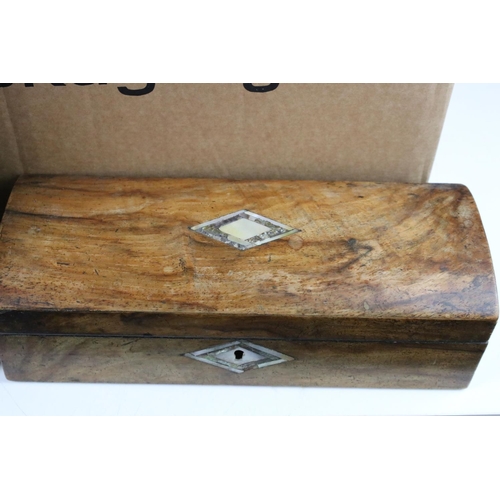 382 - A box of mixed collectables to include a wooden writing slope, candlestick, silver-plated serving se... 