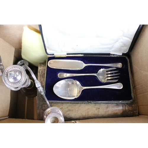 382 - A box of mixed collectables to include a wooden writing slope, candlestick, silver-plated serving se... 