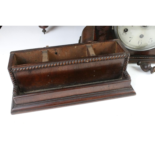 413 - A wooden wall clock together with a mantle clock and a wooden desk tidy.