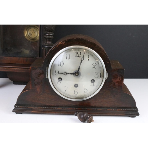 413 - A wooden wall clock together with a mantle clock and a wooden desk tidy.