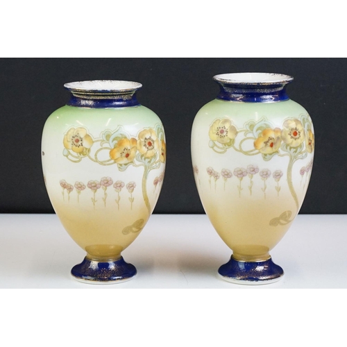 13 - Near pair of Alfred B. Pearce & Co baluster vases, with transfer & hand painted floral decoration, r... 