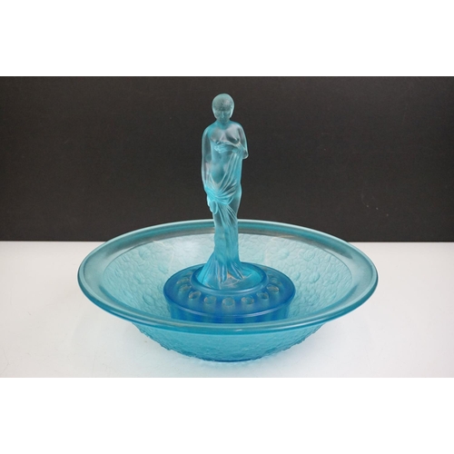 20 - Art Deco blue pressed glass flower frog with central figure of a semi-nude female (approx 24cm high)... 