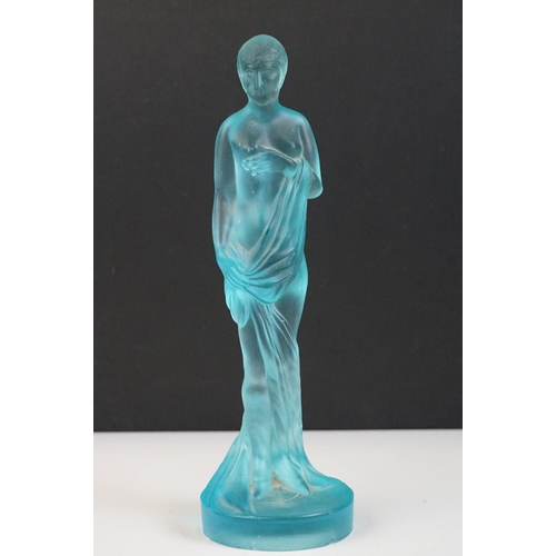 20 - Art Deco blue pressed glass flower frog with central figure of a semi-nude female (approx 24cm high)... 