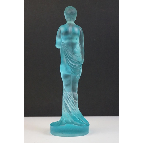 20 - Art Deco blue pressed glass flower frog with central figure of a semi-nude female (approx 24cm high)... 