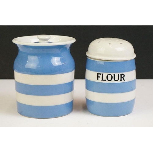 40 - TG Green Blue & White Cornish Ware flour sifter (12cm high) and storage jar & cover