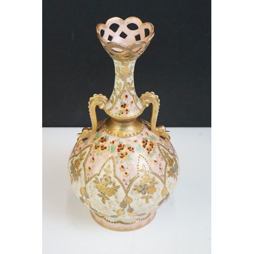 44 - M Redon Limoges twin-handled urn vase with hand enamelled floral decoration on pink & cream ground, ... 