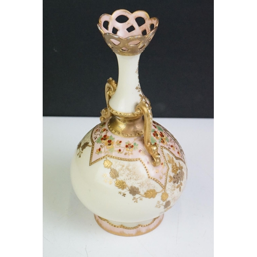 44 - M Redon Limoges twin-handled urn vase with hand enamelled floral decoration on pink & cream ground, ... 