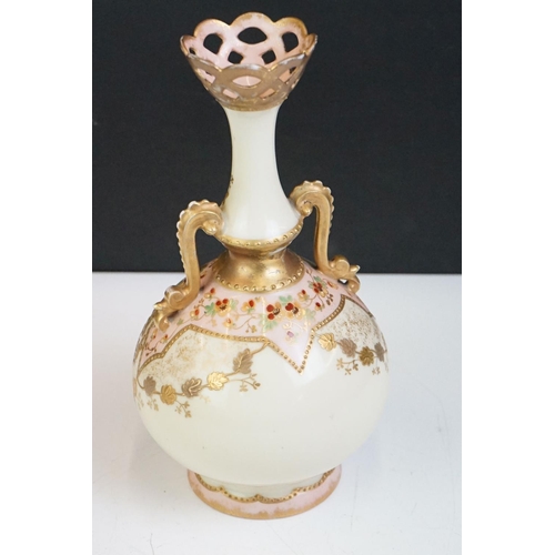 44 - M Redon Limoges twin-handled urn vase with hand enamelled floral decoration on pink & cream ground, ... 