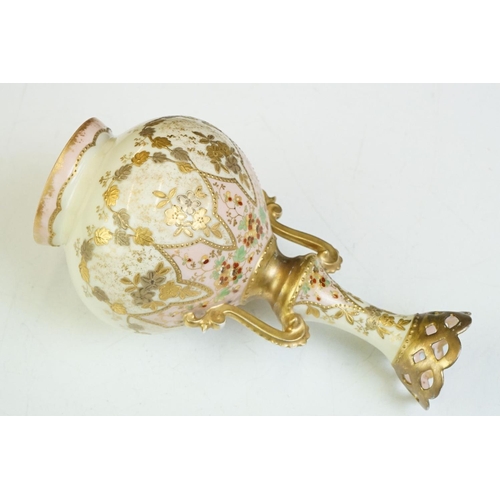 44 - M Redon Limoges twin-handled urn vase with hand enamelled floral decoration on pink & cream ground, ... 