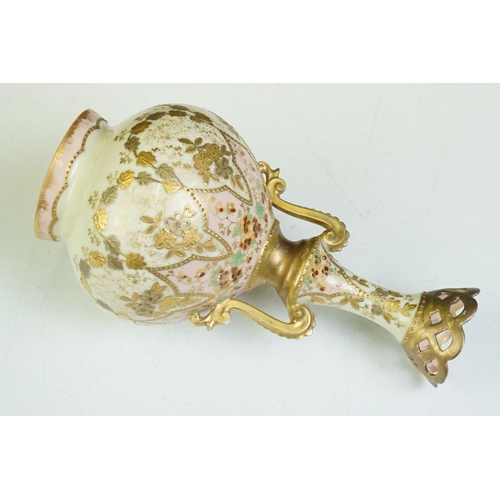 44 - M Redon Limoges twin-handled urn vase with hand enamelled floral decoration on pink & cream ground, ... 