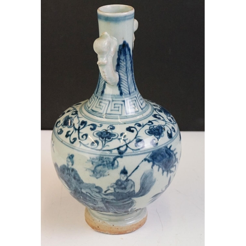 48 - Chinese blue & white twin-handled ceramic bottle vase decorated with warriors on horseback, with han... 