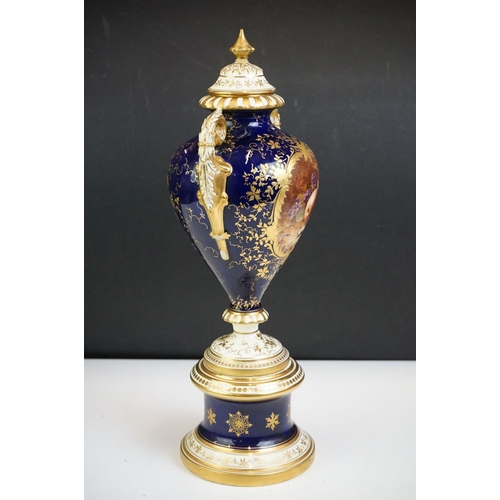 5 - Coalport twin-handled urn & cover (pattern no. 7540) with hand painted panel of still life fruit (si... 