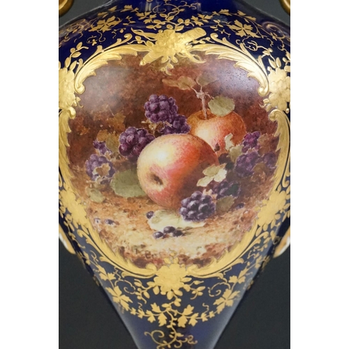 5 - Coalport twin-handled urn & cover (pattern no. 7540) with hand painted panel of still life fruit (si... 