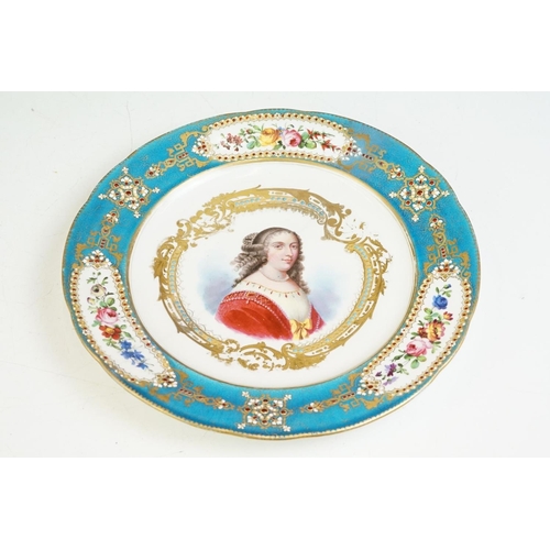 53 - Sevres 19th century French Porcelain Cabinet Plate, hand painted with a portrait of Madame de Sevign... 