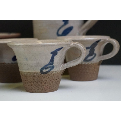 62 - Studio pottery coffee set with blue Asian character-style decoration (coffee pot & cover, 5 cups & s... 