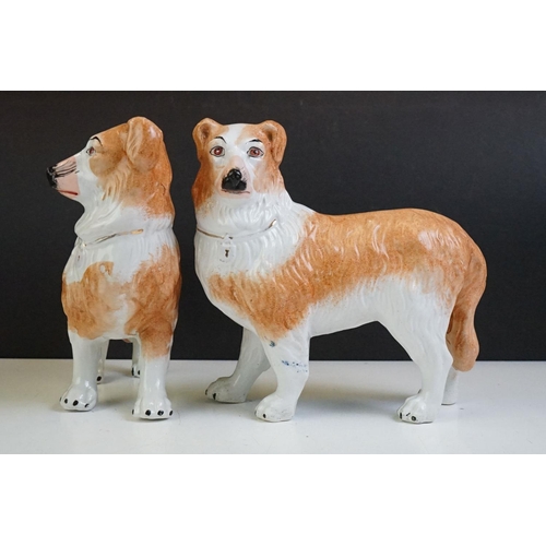 64 - Pair of late 19th / early 20th century Staffordshire pottery Collie dog figures, with gilt collars, ... 