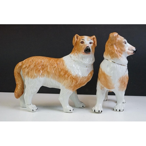 64 - Pair of late 19th / early 20th century Staffordshire pottery Collie dog figures, with gilt collars, ... 