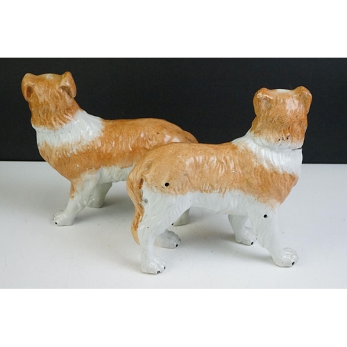 64 - Pair of late 19th / early 20th century Staffordshire pottery Collie dog figures, with gilt collars, ... 