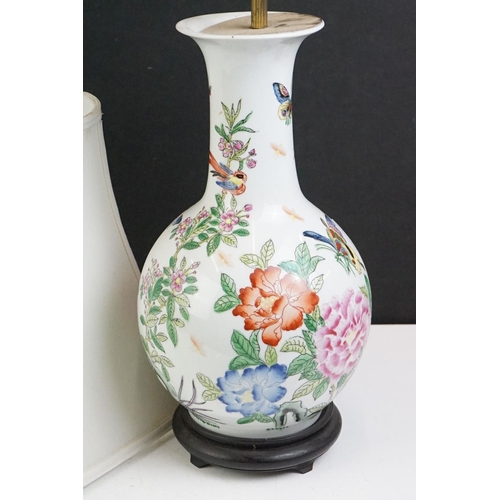 68 - 20th Century Chinese Famille Rose baluster vase converted to a table lamp, decorated with flowers, b... 