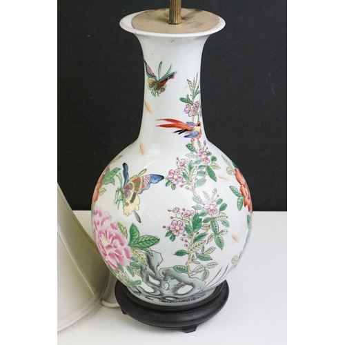 68 - 20th Century Chinese Famille Rose baluster vase converted to a table lamp, decorated with flowers, b... 