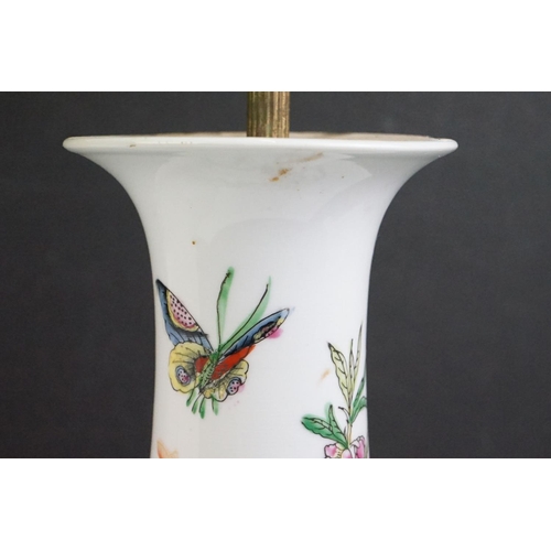 68 - 20th Century Chinese Famille Rose baluster vase converted to a table lamp, decorated with flowers, b... 