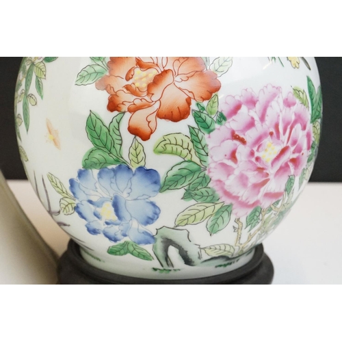 68 - 20th Century Chinese Famille Rose baluster vase converted to a table lamp, decorated with flowers, b... 