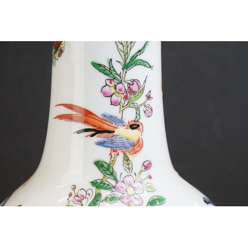 68 - 20th Century Chinese Famille Rose baluster vase converted to a table lamp, decorated with flowers, b... 