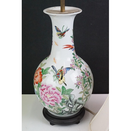 68 - 20th Century Chinese Famille Rose baluster vase converted to a table lamp, decorated with flowers, b... 