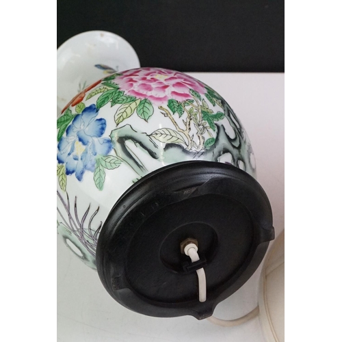 68 - 20th Century Chinese Famille Rose baluster vase converted to a table lamp, decorated with flowers, b... 