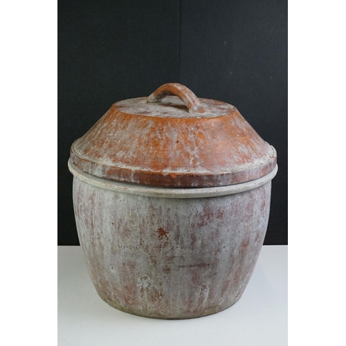 74 - A large vintage glazed terracotta crock with lid, approx 47cm high