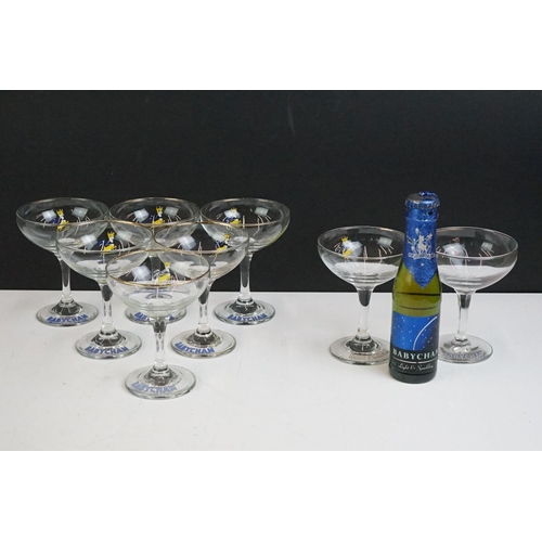 81 - Advertising - Set of eight Babycham glasses (11cm high), plus a bottle of Babycham (100ml - appears ... 